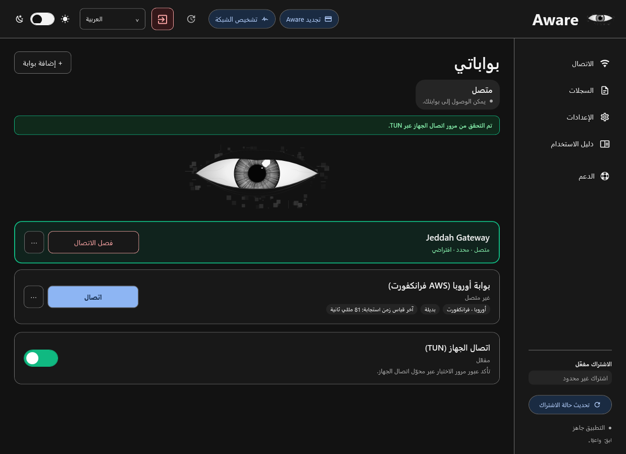 واجهة Aware العربية، تعرض البوابات وحالة الاتصال ببيانات نموذجية
