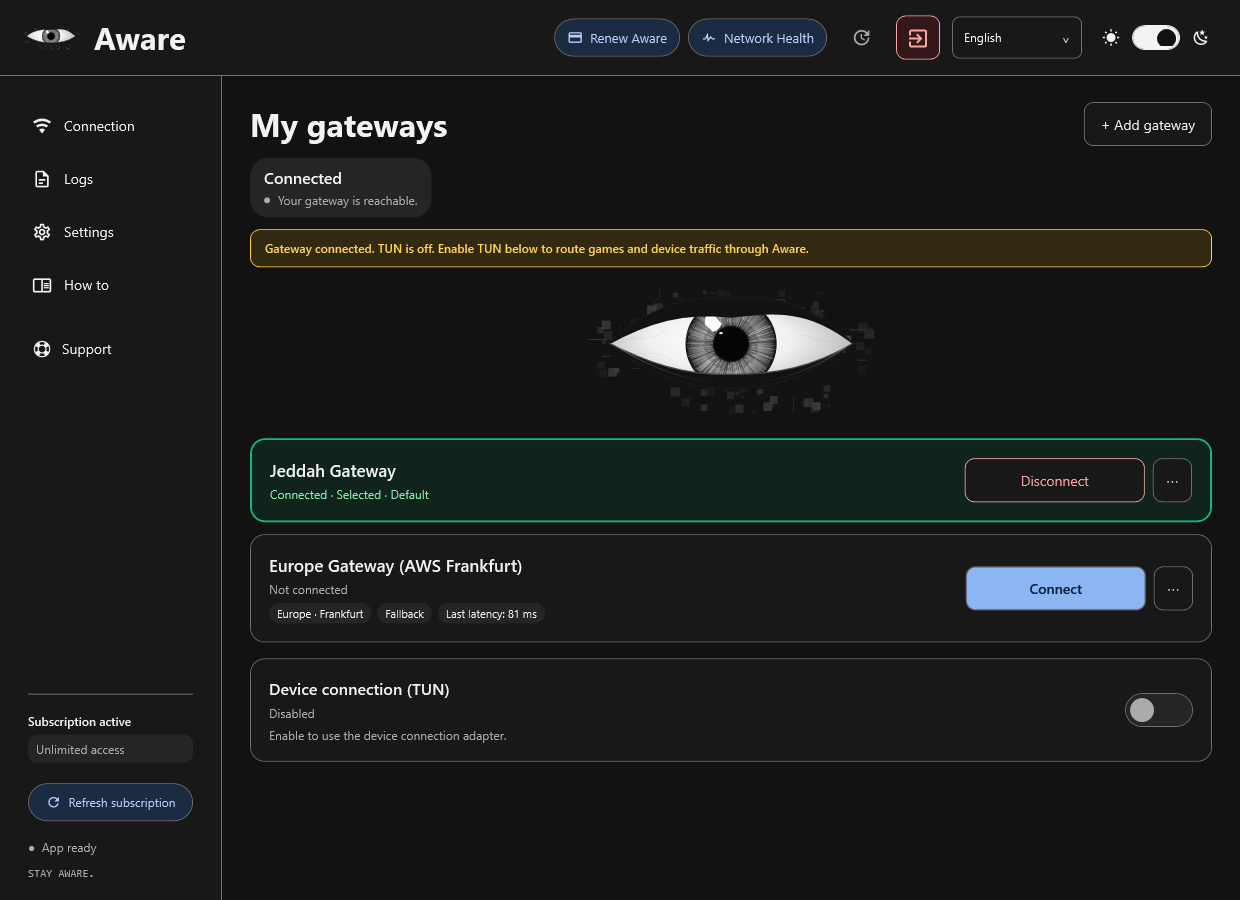 واجهة Aware الإنجليزية ببيانات نموذجية، تعرض البوابات وحالة الاتصال